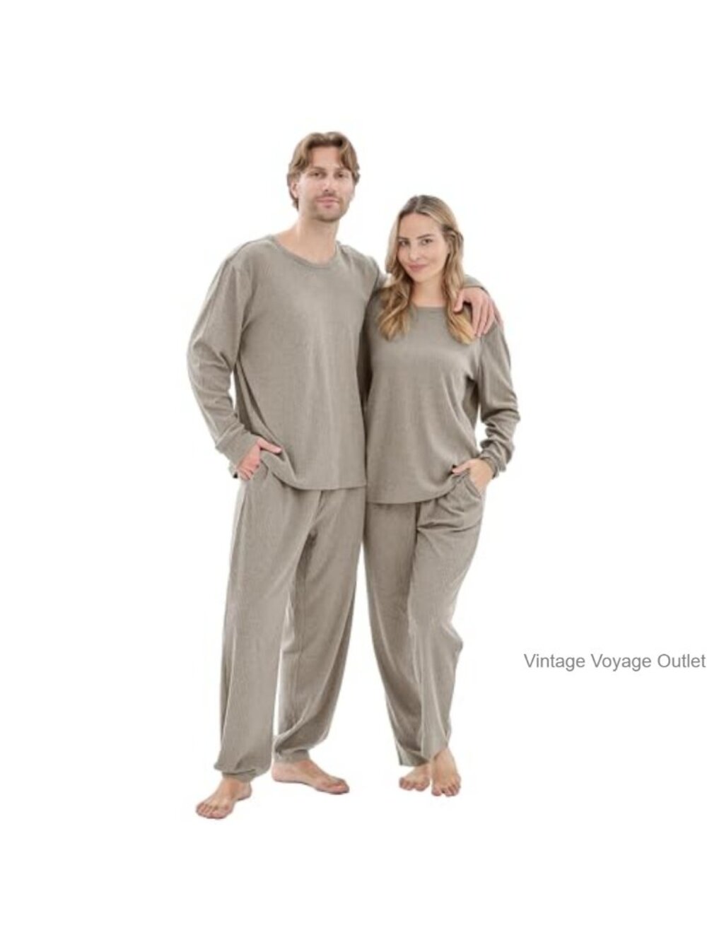 Ribbed Knit Pajama Set Long Sleeve Top & Wide Pant Sleepwear Couples Lounge